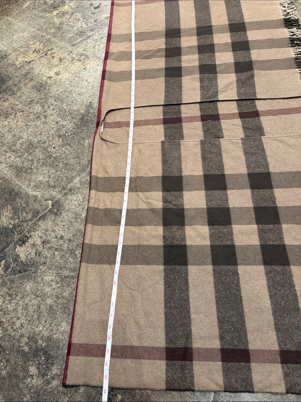 Burberry Camel Plaid Fringe Wrap with Burgundy Stripe
